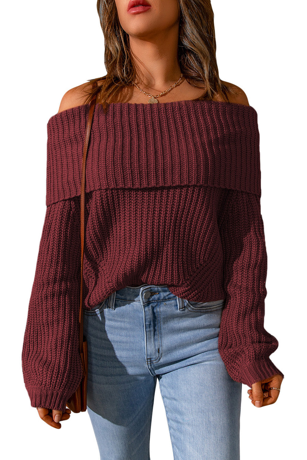 Khaki Ribbed Knit Foldover Off Shoulder Sweater