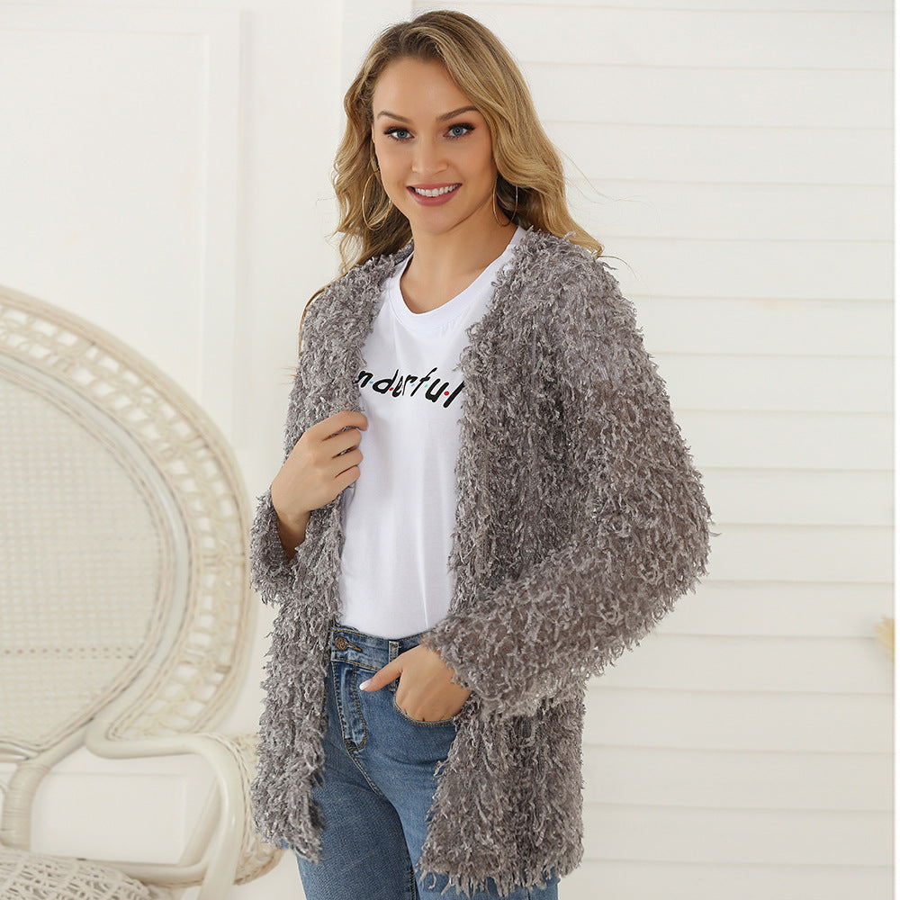 Manteau d'automne pour femme Cardigan à manches longues Manteau mi-long en peluche