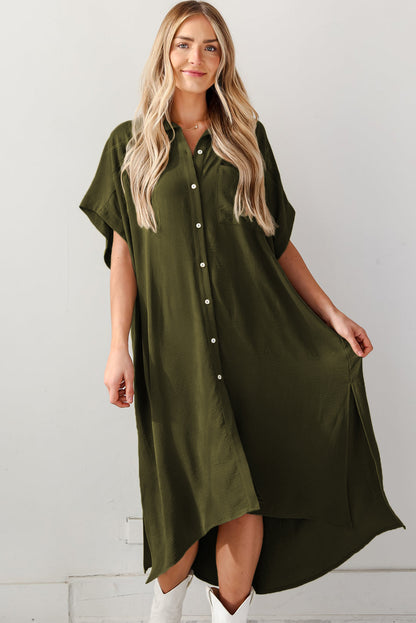 Robe chemise ample à manches courtes et fentes latérales vert jungle