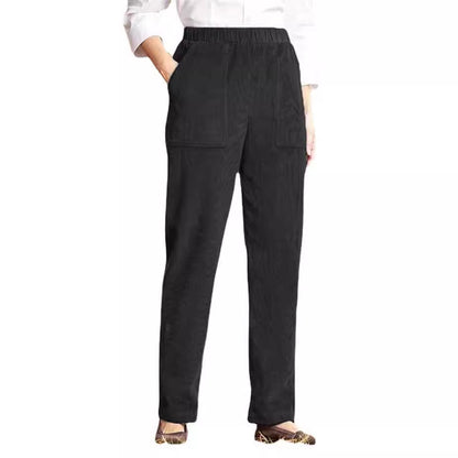 Pantalon décontracté droit rayé à taille élastique de couleur pure pour femme