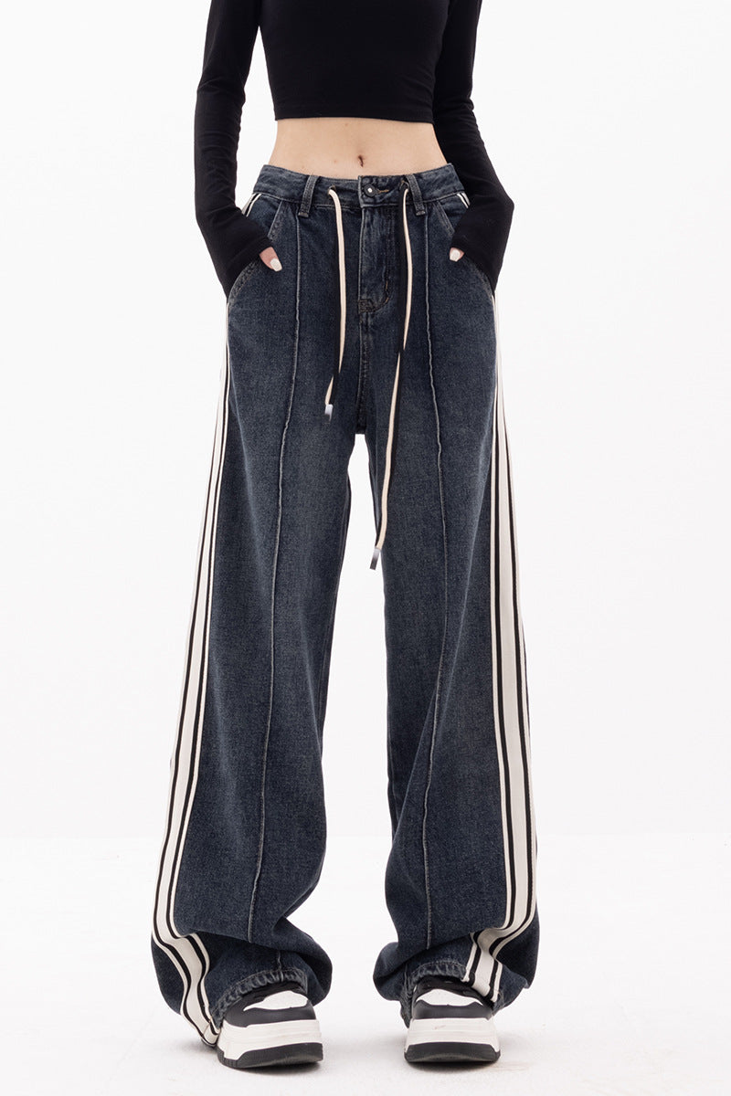 Women's Straight Striped Loose Wide-leg Jeans