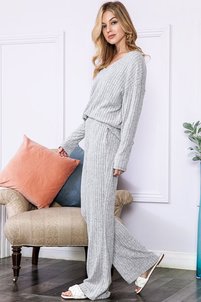 Ensemble haut et pantalon en tricot côtelé ample gris clair à col en V