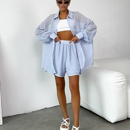 Women's Summer Casual Long-sleeved Texture Shirt Long Sleeve Shorts Two-piece Set