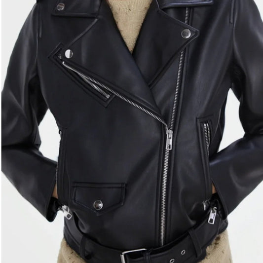 Damen Kunstleder Retro Biker Ledermantel