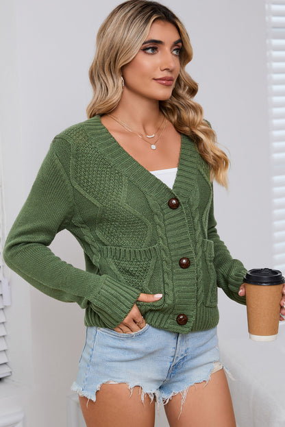 Cardigan pull court texturé avec poches et boutons vert