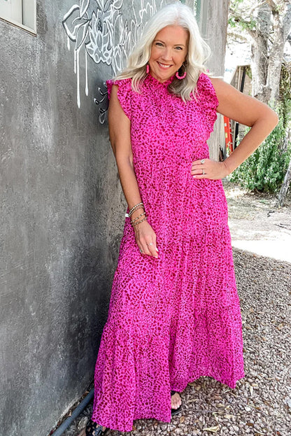 Rose Red Leopard Print Ruffle Sleeveless Maxi Dress