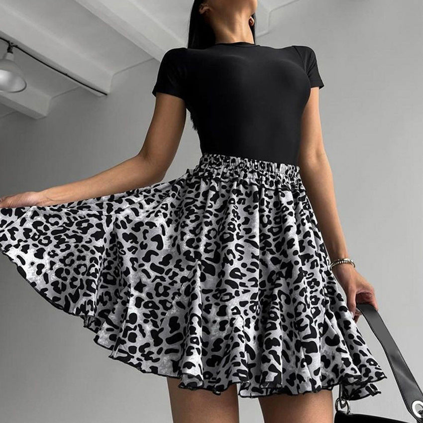 American Retro High Waist Leopard-print Design Asymmetric A- Line Skirt Short Skirt