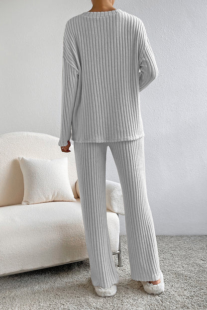 Ensemble haut et pantalon en tricot côtelé ample gris clair à col en V