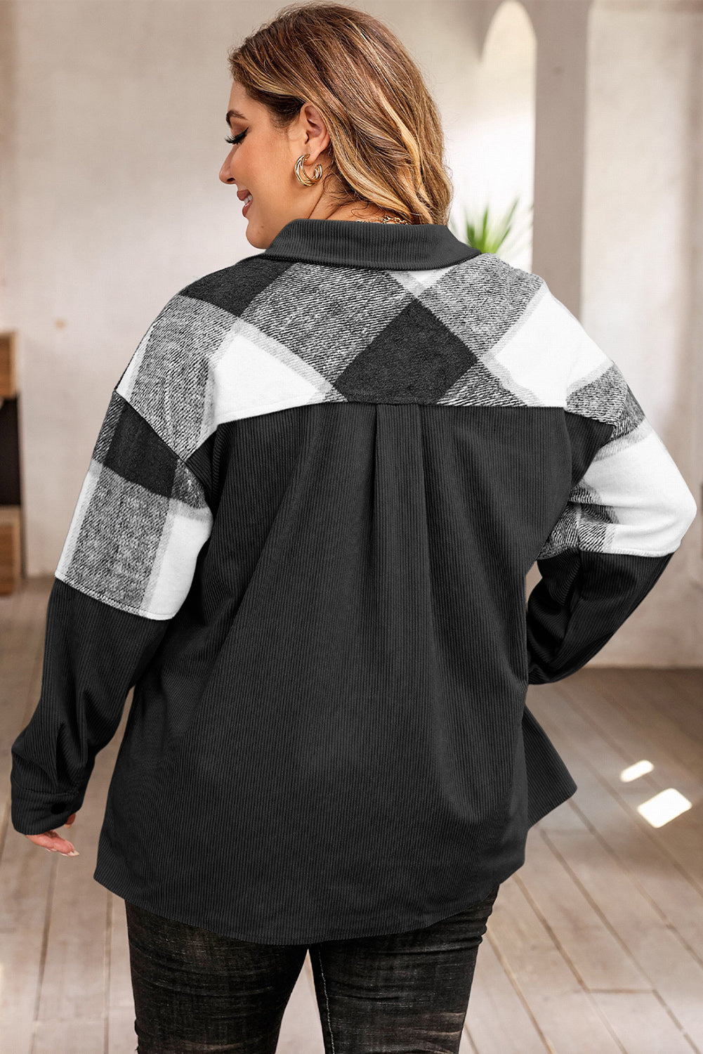 Grüne karierte Patchwork-Cordjacke in Übergröße