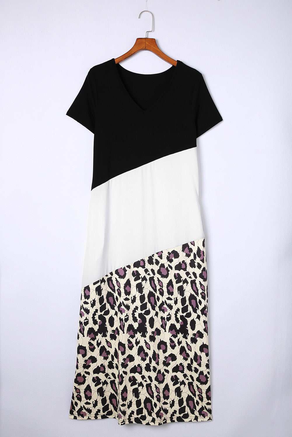 Black Leopard Color Block Side Slit T Shirt Maxi Dress