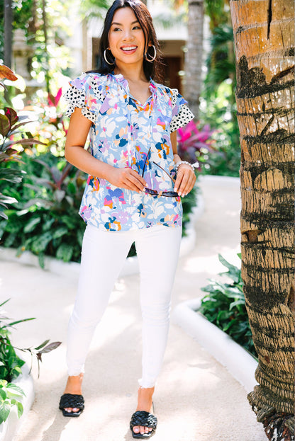 Black Floral Print Ruffle Flutter Sleeve Tied V Neck Blouse