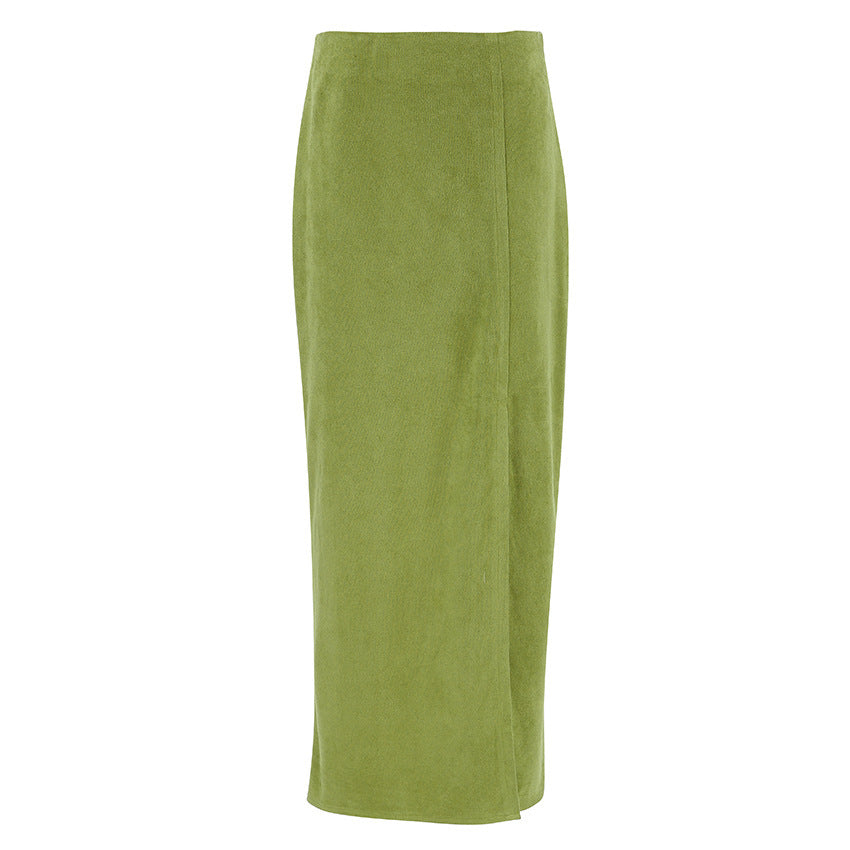 Avocado Green Suede Skirt High Waist Slimming