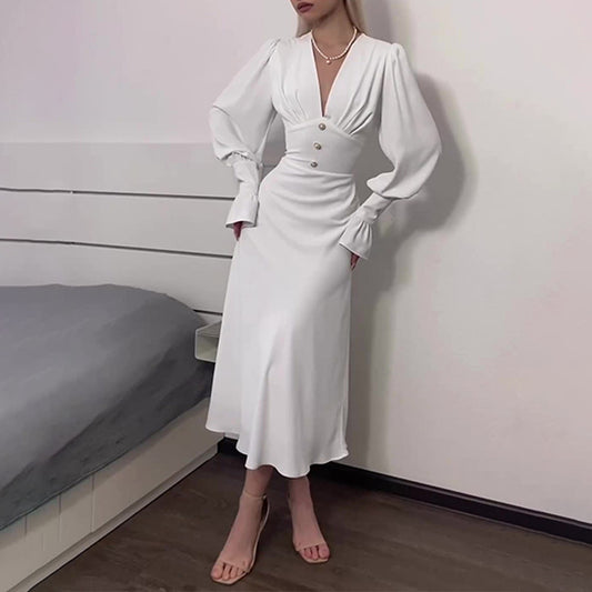 Robe française à col en v pour femmes, taille haute, Slim, tempérament