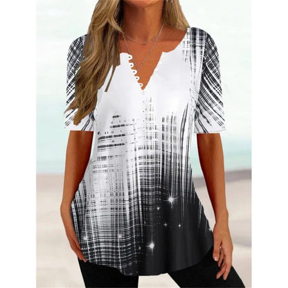 Women's Digital Printed V-neck Button Short-sleeved Top