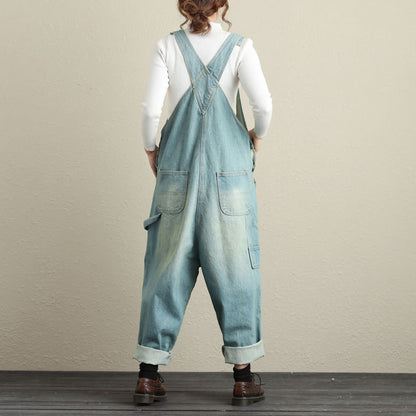 Vintage Art Loose Denim Suspenders Large Size Ripped Jumpsuit