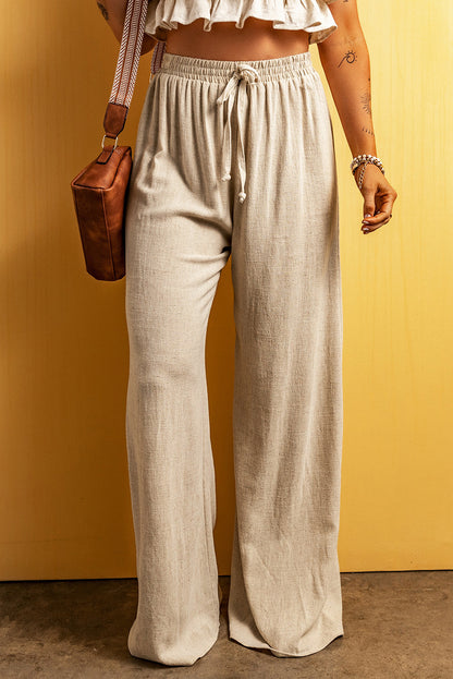 Apricot Casual Lace-up Waist Floor Length Wide Leg Pants