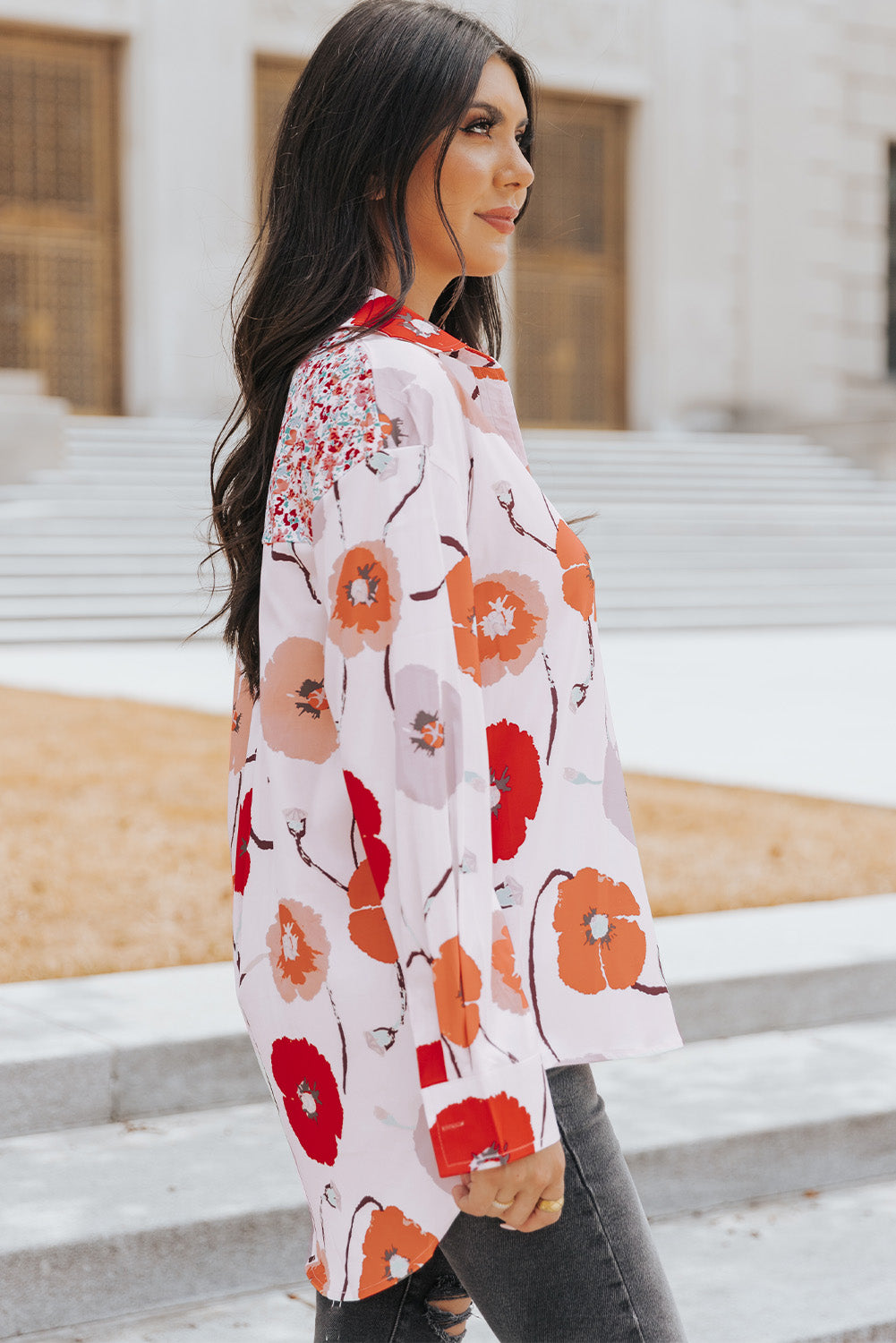 Chemise boutonnée en patchwork avec poches florales bohème rouge