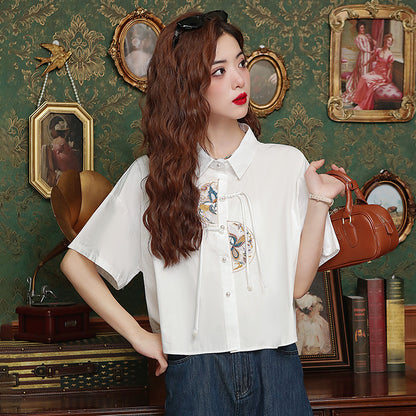 Women's Summer Loose Chinese Style Embroidery Short Shirt Top