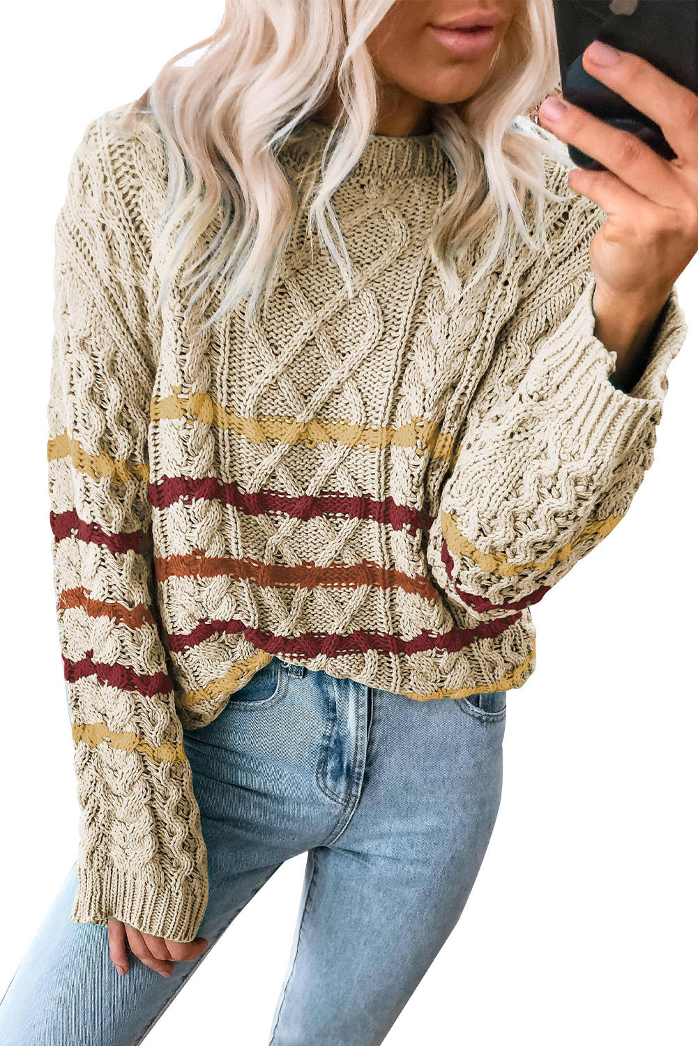 Khakifarbener, gestreifter, strukturierter Strickpullover mit Farbblockmuster