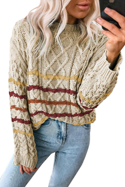 Khaki Striped Color Block Textured Knit Pullover Sweater