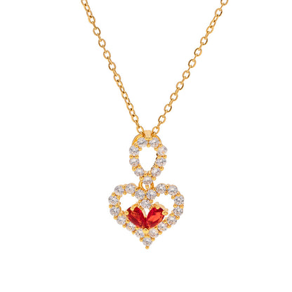 18K Gold Exquisite and Noble Inlaid Red and White Zircon Water Drop Love Design Pendant Necklace