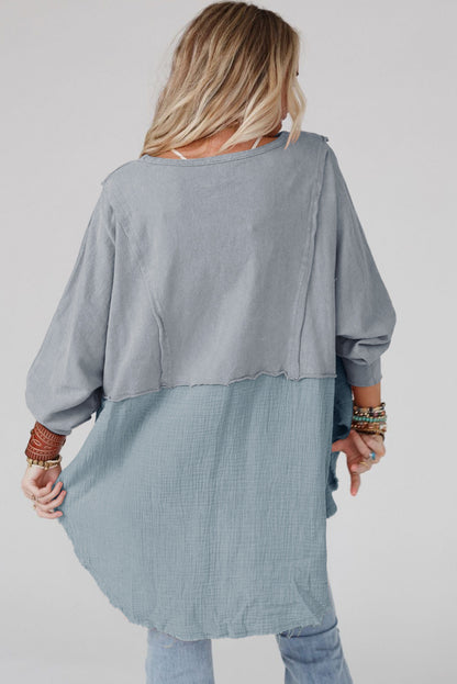 Khaki Crinkled Patchwork Raw Hem Oversized Blouse