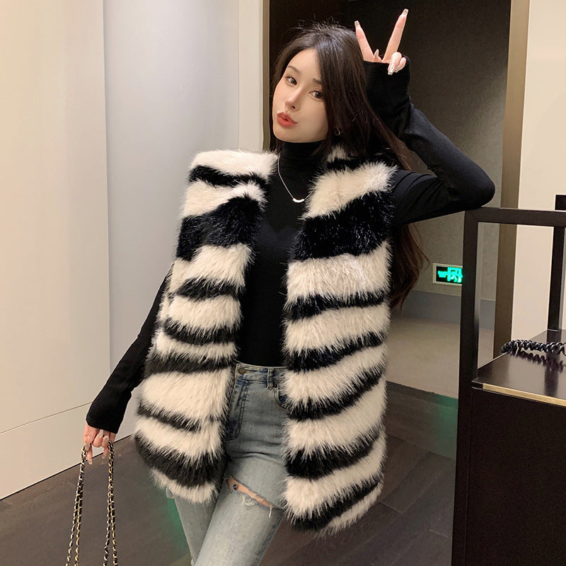 Zebra Pattern Female Temperament Environmental Protection Fur Fried Street Vest Coat