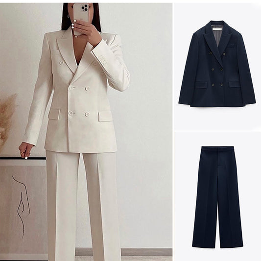 Blazer Slim à Double boutonnage pour femmes, pantalon à jambe droite, à la mode