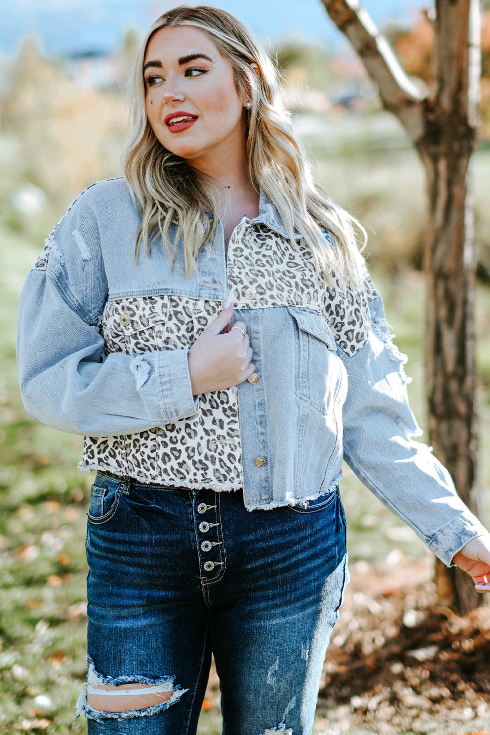 Veste en Jean Courte Déchirée Léopard Bleue Grande Taille