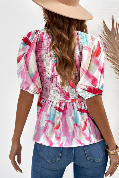 Pink Floral Print Puff Sleeve Blouse V Neck Smocked Peplum Top