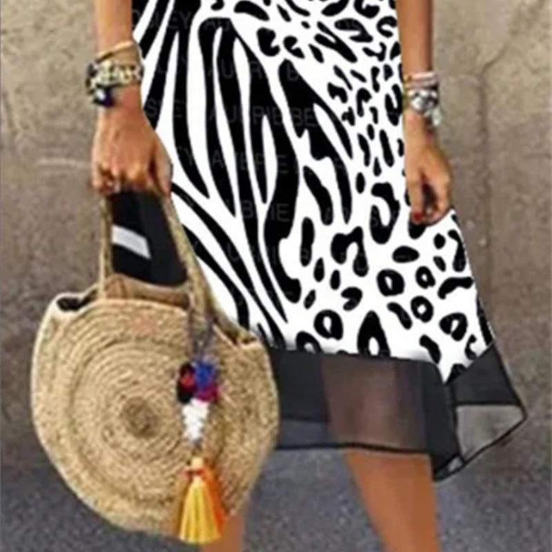 Women's Fashion Leopard Mesh Stitching Loose Plus Size Dress