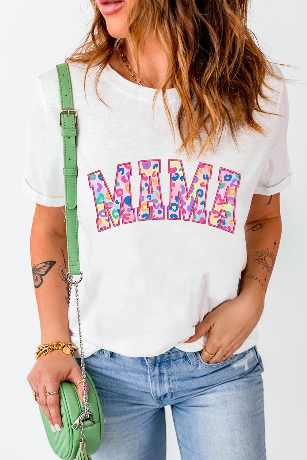 Weißes MAMA T-Shirt mit Leoparden-Stickerei und Rundhalsausschnitt