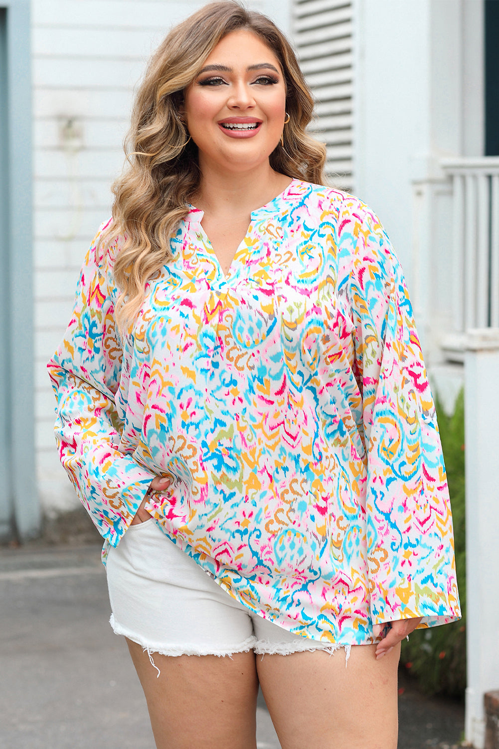 Multicolor Plus Size Geometric Print Notched V-Neck Blouse