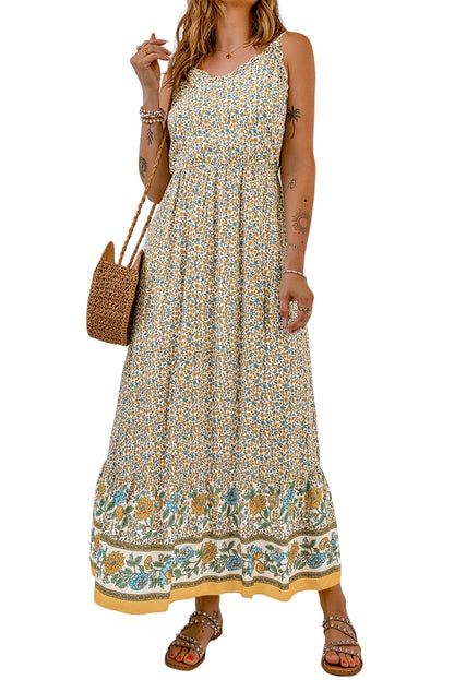 Aprikosenfarbenes Boho-Maxikleid mit Blumendruck und Rüschendetail