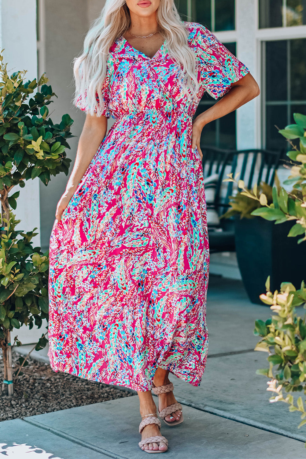 Green Wrap V Neck Floral Maxi Dress