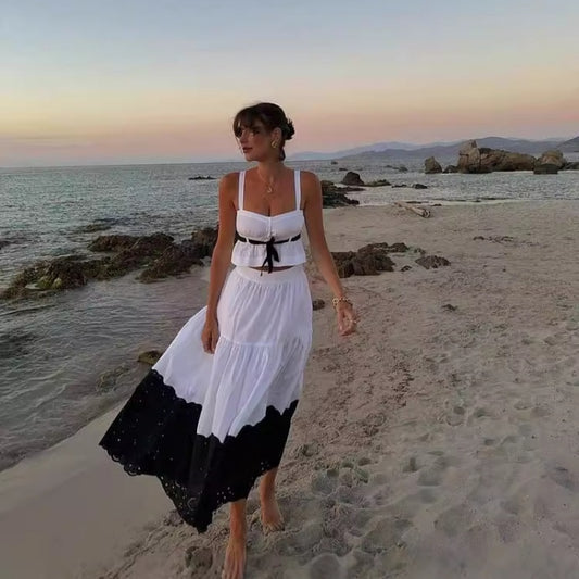 Spleißen Schwarz Und Weiß Strand Urlaub Kleid