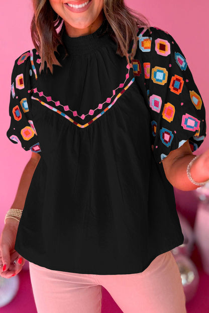 Black Geometric Embroidered Smocked Neck Puff Sleeve Top