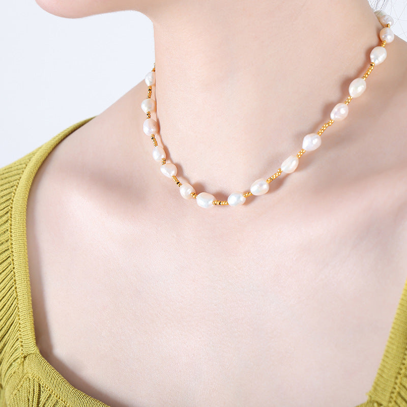 18K Gold Exquisite Fashionable Pearl and Small Round Bead Beaded Design Versatile Necklace