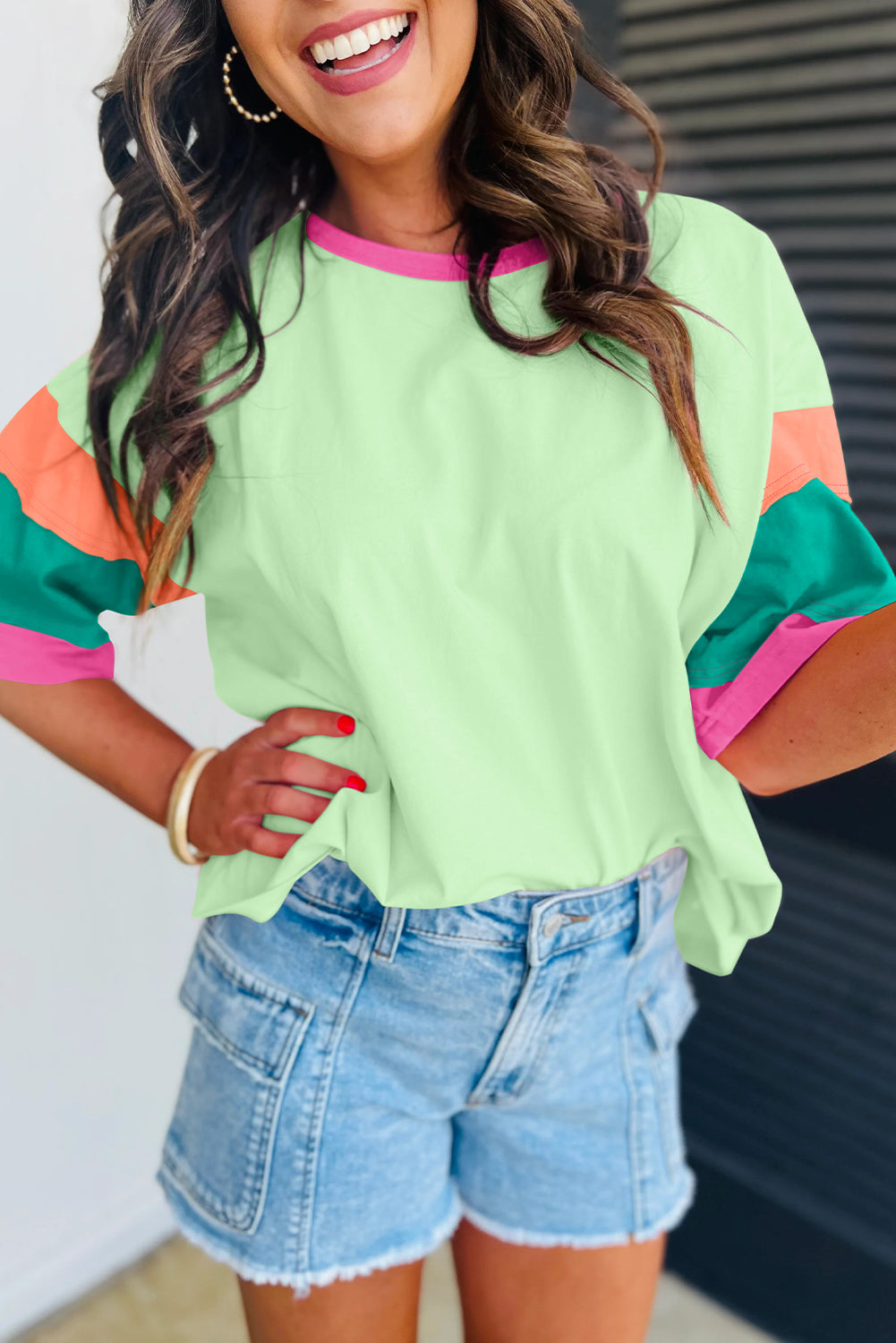 Pink Color Block Sleeve Round Neck Oversize Top