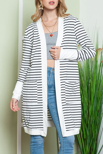 Cardigan long rayé blanc avec poches latérales et devant ouvert