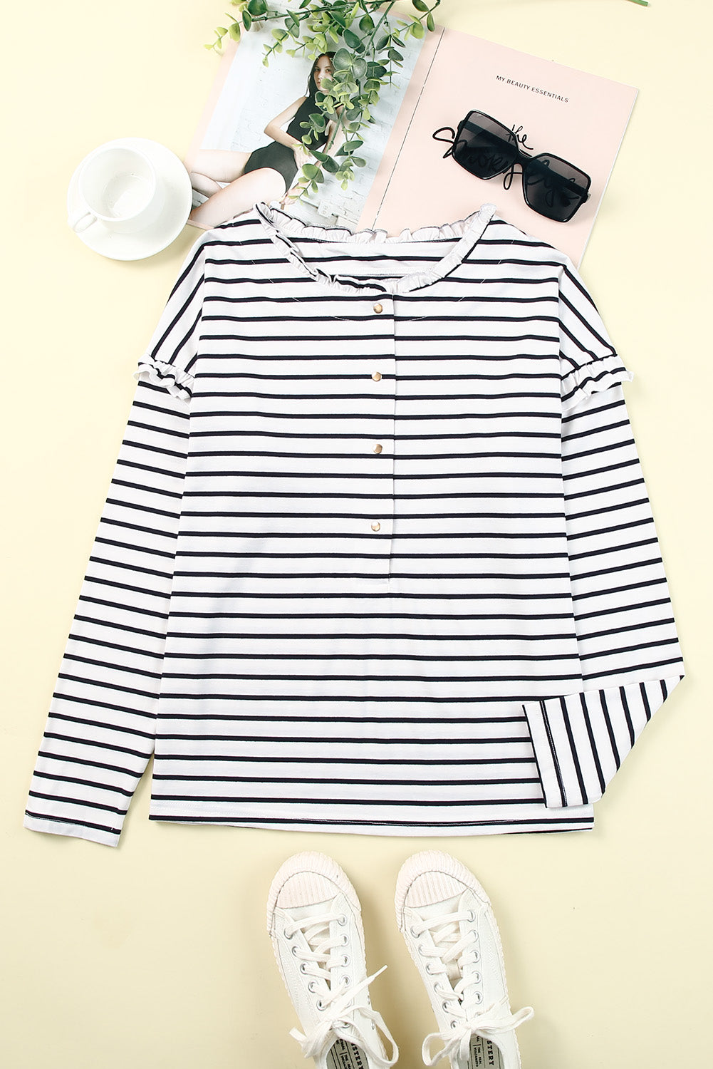 Black Striped Print Ruffled Buttoned Long Sleeve Top