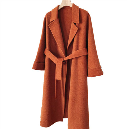 Albaka Alpaca Fleece Turn-Sleeve Bathrobe Style Waist-Tucked Temperament Long Double-sided Coat