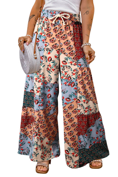 Yellow Boho Ethnic Print Drawstring Wide Leg Pants