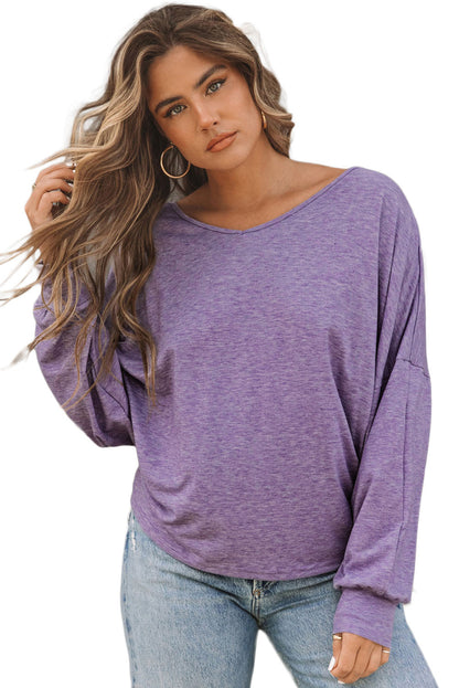 Purple Plain Tie Back Drop Shoulder Long Sleeve Top