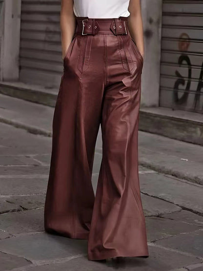 Fashion Leather High Waist Pocket Casual Trousers