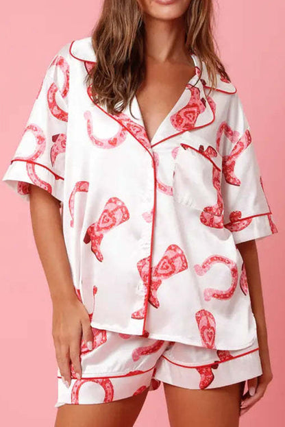 Weißes Satin-Pyjama-Set mit Hemd und Shorts mit gemischten Mustern