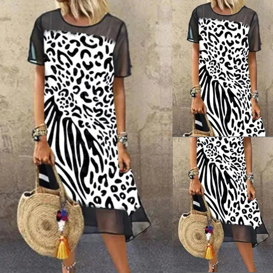 Women's Fashion Leopard Mesh Stitching Loose Plus Size Dress