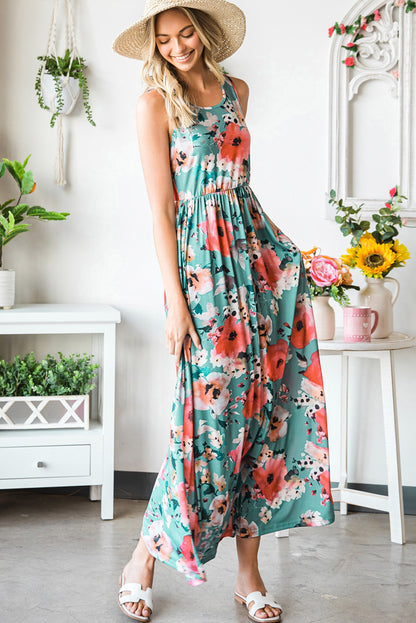 Robe débardeur d'été longue sans manches à imprimé floral vert