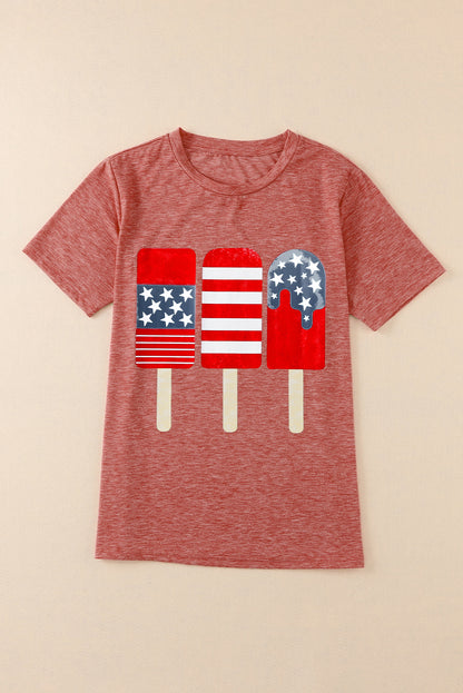 Red American Flag Popsicles Patterned Crew Neck Patriotic T Shirt