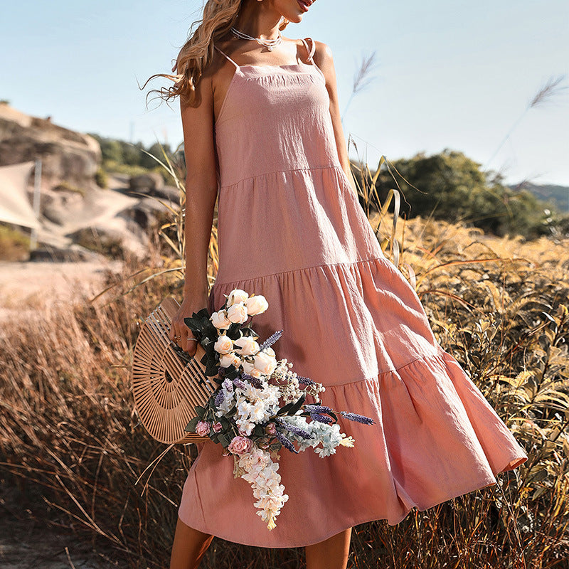 Robe à bretelles de couleur unie en coton et lin pour femmes, nouvelle collection d'été européenne et américaine